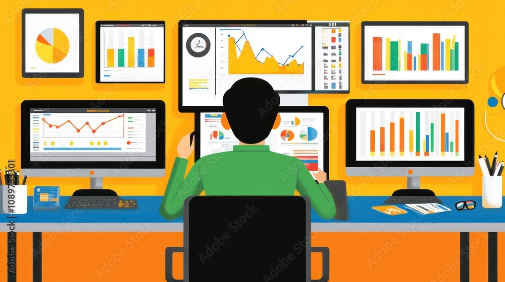 Poster Analyst Reviewing Colorful Data Charts And Graphs On Multiple Screens