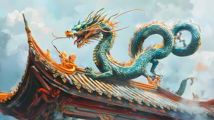 Obraz premium Dragon on the roof of temple. Golden Serpent Temple. Illustration