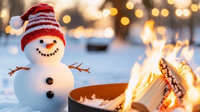 Cozy holiday fire pit with snowman and fairy lights in winter landscape