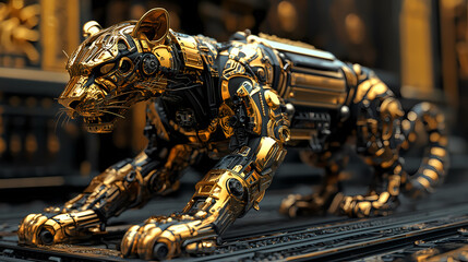 Fototapeta premium A golden mechanical leopard. Golden Serpent Temple. Illustration