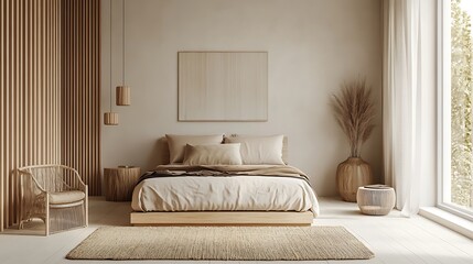 Fototapeta premium Beautiful Colored Mockup Bedroom Interior Blank Poster Decoration Art Background Image, generative AI