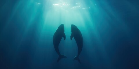 A medium shot of two sperm whales sleeping side by side in a vertical position, their bodies casting long shadows in the water © Blue Harvest Stock