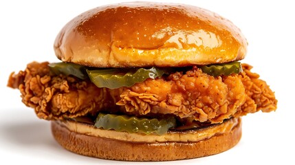 A golden-brown chicken fillet sits between a soft bun, topped with tangy pickles.