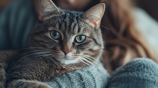 Owner holding her cat in loving hug. Heartfelt bond and care for domestic pets. National cat lovers month celebration of feline affection