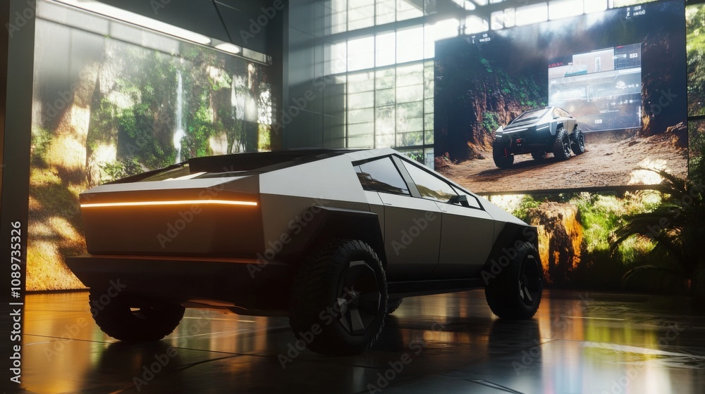 Poster an innovative electric vehicle stands prominently in a sleek exhibition area, highlighted by a natur