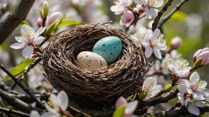 Fototapeta premium A nest with speckled pastel eggs perched among cherry blossoms, capturing the essence of Easter and springtime renewal. 