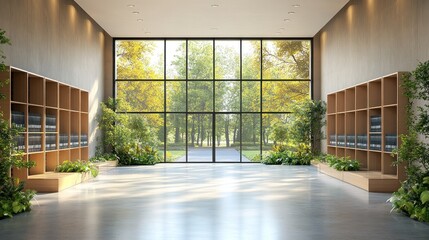 Obraz premium Modern office lobby with large window and bookshelves.