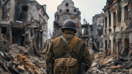 A soldier stands amidst the ruins of a war-torn city, reflecting on the devastation surrounding him.