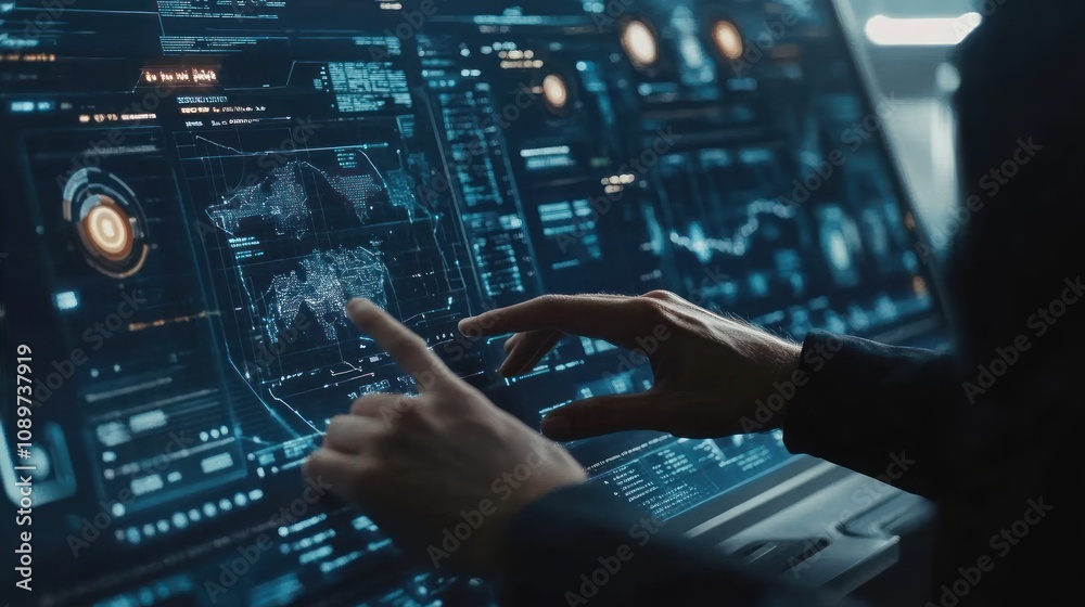 Poster Hands Interact With Futuristic Global Data Display
