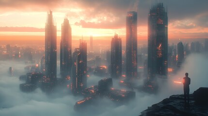 3D Rendering of Modern Skyscrapers in Morning Fog: Dynamic Light and Shadow Effects Representing Urban Growth and Economic Progress in a Futuristic City