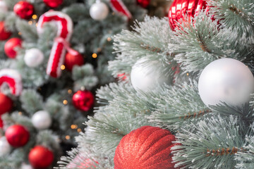 Red Christmas ball Decorated on Christmas tree in living room,Festive image in holiday,Merry Christmas and Happy New Year.