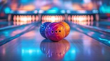 Bright Neon Bowling Balls on a Glossy Lane in a Contemporary Bowling Alley