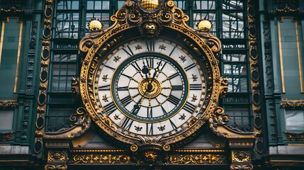 Obraz premium a grand, ornate clock face set against a backdrop of dark, weathered architecture.