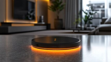 Obraz premium A sleek, modern smart device with an illuminated base sits on a countertop in a stylish living space, blending technology with contemporary decor.