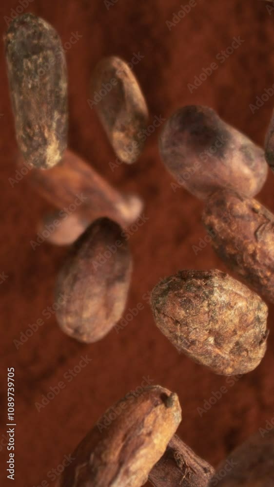 Poster Super Slow Motion of Falling Group of Cocoa Beans. Falling Down into Cocoa Powder. Filmed on High Speed Cinema Camera, 1000fps.