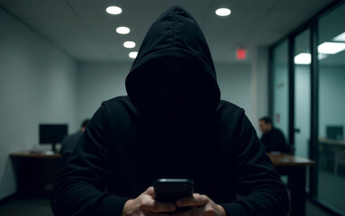 A faceless man in a black hooded jacket holds a phone in his hands against the background of an office. Concept of fighting against telephone scammers hackers. Low key, dramatic light.