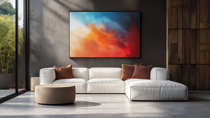 modern colorful living room with a big painting