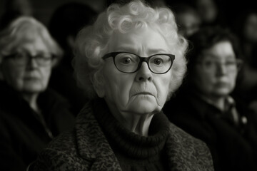 black and white portrait of a senior Caucasian woman with pensive expression, Alzheimer's awareness, copy space