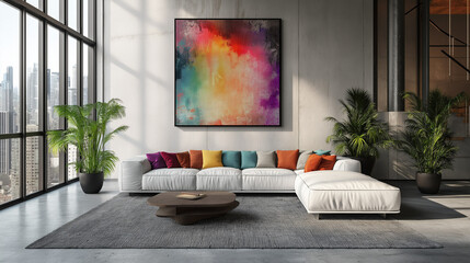 modern colorful living room with a big painting