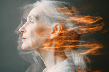 Abstract illustration of senior Caucasian woman suffering from dementia and Alzheimer, copy space