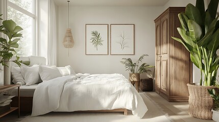 Fototapeta premium Beautiful Colored Mockup Bedroom Interior Blank Poster Decoration Art Background Image, generative AI