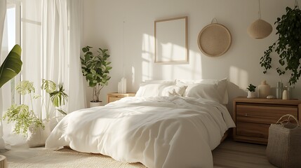 Fototapeta premium Beautiful Colored Mockup Bedroom Interior Blank Poster Decoration Art Background Image, generative AI