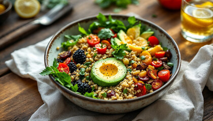 A colorful bowl of quinoa salad topped with fresh avocado, cherry tomatoes, and leafy greens, showcasing a healthy and vibrant meal.