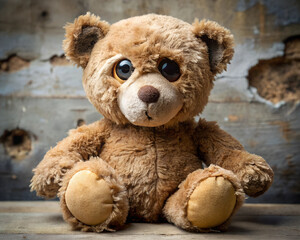 A one-eyed teddy bear on a rustic background, evoking feelings of nostalgia and childhood memories