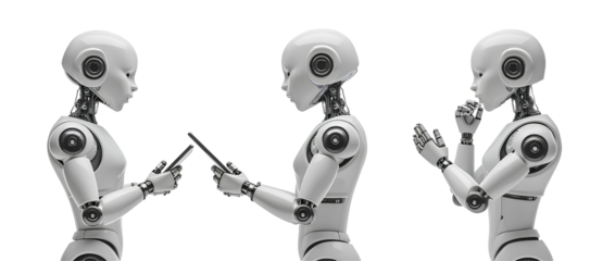 Collection of Ai robot using tablet isolate on transparency background PNG artificial intelligence future robotic person cyber binary machine learning technology 3D astronaut digital innovation