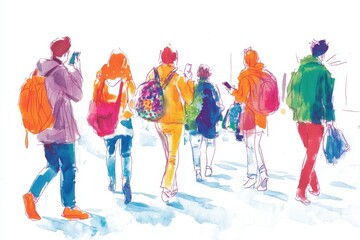 Fototapeta premium A sketch of people talking on their phones, some wearing colorful and others in plain colors walking around the city White background Generative AI