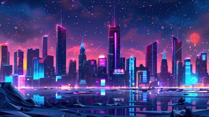 Obraz premium A vibrant, neon-lit cityscape with a starry sky and a reflection of the city in the water.
