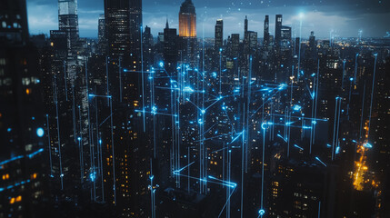 Naklejka premium Smart digital Innovation Business skyscrapers in the Financial District with connection network reciprocity over the cityscape. of future smart wireless digital city and social media networking
