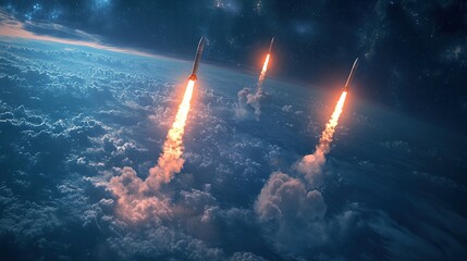 Three rockets soaring into a star-filled night sky, leaving fiery orange trails with dramatic clouds and a cosmic backdrop