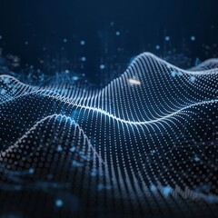 Abstract digital wave of luminous particles, with dynamic glowing dots and futuristic blue-toned network background.