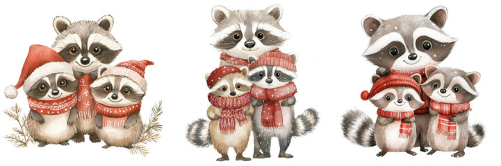 Fototapeta premium Cute Raccoon Families in Winter Hats Scarves Christmas Clipart