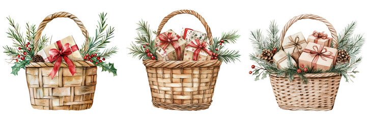Christmas Gift Baskets Watercolor Illustration of Holiday Presents in Wicker Baskets with Pine and