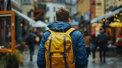 Fototapeta premium A person with a yellow backpack walks through a lively street filled with people and outdoor seating.