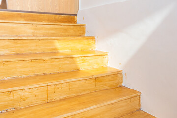 Brown wooden stairs in home,modern style conceptual interior empty room wide view,Minimal Modern architecture.