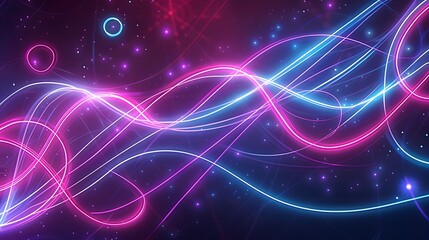 Fototapeta premium A dynamic neon lights pattern with glowing neon lines and circles in electric blue, purple, and magenta hues against a dark background