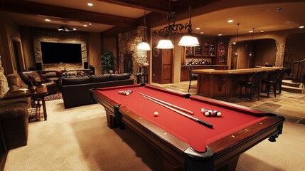  Luxurious basement game room with pool table, bar, and home theater.