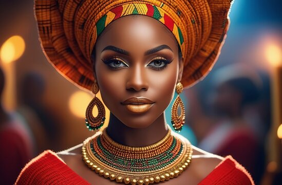 Beautiful young black woman, traditional African attire. Kwanzaa Holiday celebration. Traditional African Festival. Blurred background. African Americans remember and respect their roots