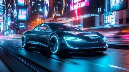 Fototapeta premium A futuristic, sleek, black car with glowing blue lights drives through a city at night. The city is brightly lit with neon signs and streetlights.