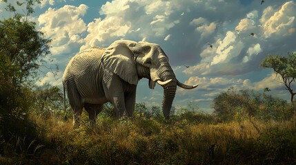 Fototapeta premium Majestic African elephant standing in savanna grassland under dramatic sky.
