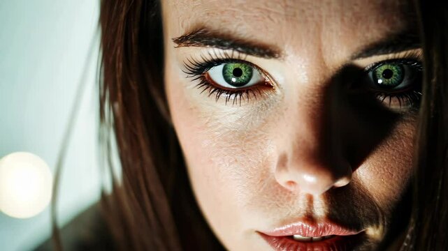 Intense gaze focus transition with piercing eyes closeup