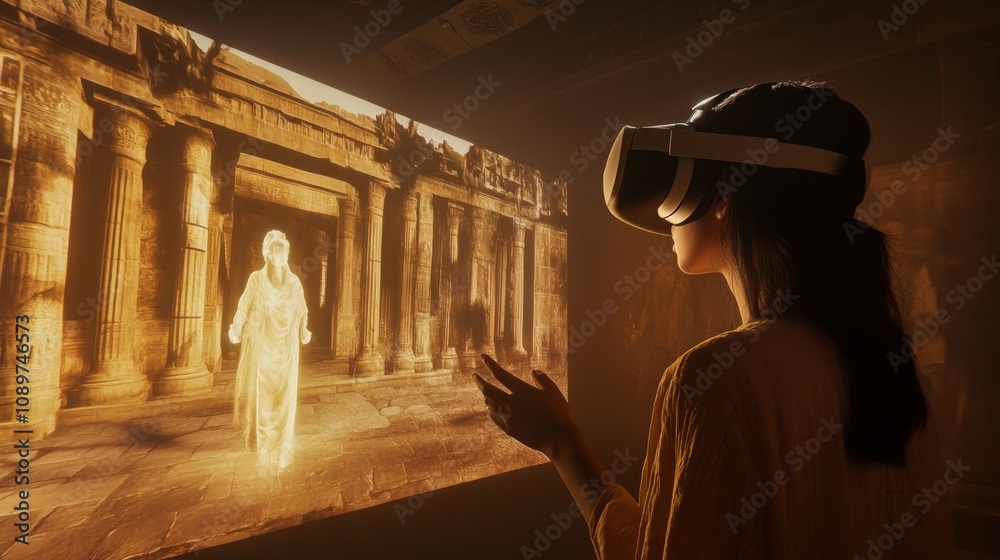 Fototapete a person is engaged in a virtual reality experience, interacting with a holographic figure in a reco