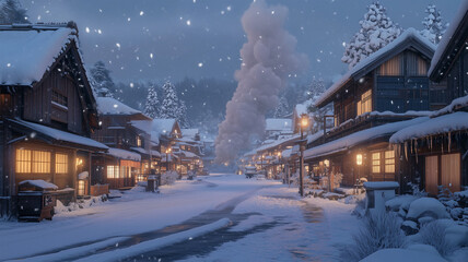 Fototapeta premium 冬の雪景色と温泉街の静けさ