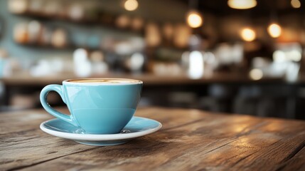 Fototapeta premium Steaming Blue Coffee Cup on Rustic Wooden Table, Cozy Cafe Atmosphere, Warm Bokeh Background