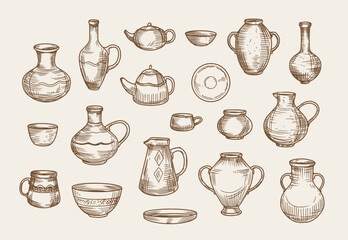 Set of ceramic dishes, vases, teapots, mugs, black silhouettes, shapes, hand drawn, vector,