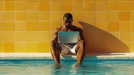 Man balancing work and leisure by using his laptop while dipping his feet in a pool, against wall outdoor vibes and natural light.