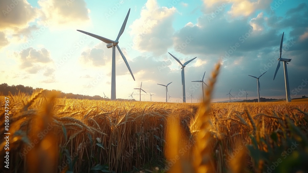 Poster amidst a golden wheat field, several wind turbines rise against a backdrop of dramatic clouds and a 